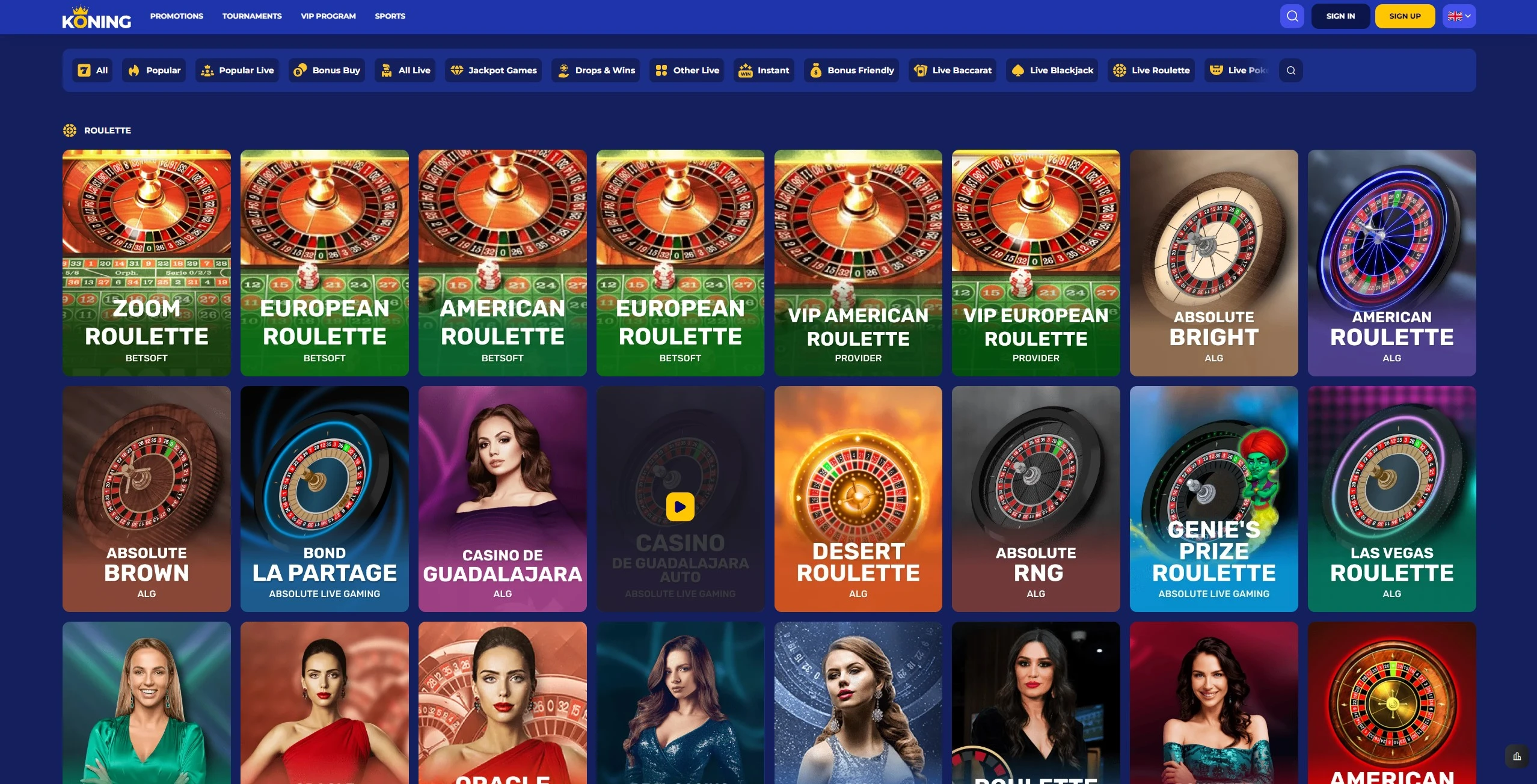 Selectie van live casino spellen, inclusief roulette, op Koning.bet